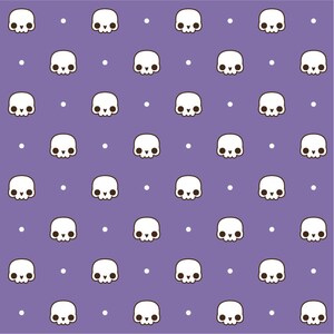 May include: A seamless pattern featuring white cartoon skulls with black eyes on a purple background with white dots.