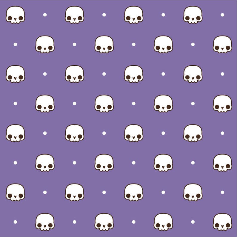 May include: A seamless pattern featuring white cartoon skulls with black eyes on a purple background with white dots.