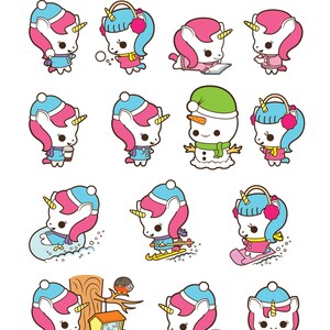 May include: A set of 12 digital clipart images featuring a cute unicorn in various winter activities, including ice skating, snowboarding, skiing, building a snowman, and feeding birds. The unicorn is wearing a pink and blue winter hat and scarf.