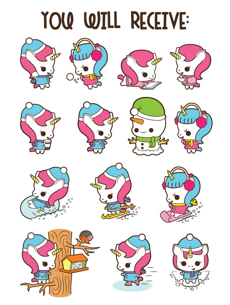 May include: A set of 12 digital clipart images featuring a cute unicorn in various winter activities, including ice skating, snowboarding, skiing, building a snowman, and feeding birds. The unicorn is wearing a pink and blue winter hat and scarf.