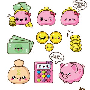 May include: A set of 10 cute cartoon illustrations of money and financial items. The illustrations include a purse, a stack of bills, a money bag, a piggy bank, a calculator, a credit card, and coins. The illustrations are in pink, yellow, green, and brown colors.