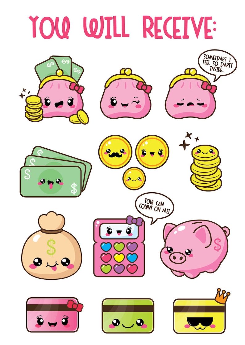 May include: A set of 10 cute cartoon illustrations of money and financial items. The illustrations include a purse, a stack of bills, a money bag, a piggy bank, a calculator, a credit card, and coins. The illustrations are in pink, yellow, green, and brown colors.