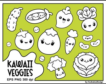 Digitale stempel, kawaii groenten digitale postzegels, tomaat digitale postzegels, erwten in een Peul digitale postzegels, aubergine digitale postzegels, zwart-wit