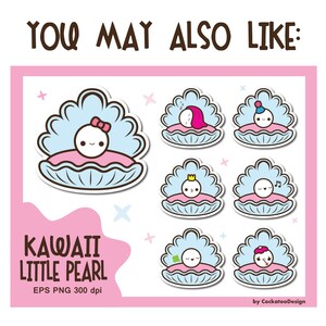 Puede incluir: Conjunto de nueve ilustraciones kawaii de perlas en varias poses, incluyendo dormir, cantar y llevar una corona. Cada perla est&aacute; dentro de una concha de mar azul y rosa. El texto "KAWAII LITTLE PEARL" est&aacute; en la parte inferior de la imagen.