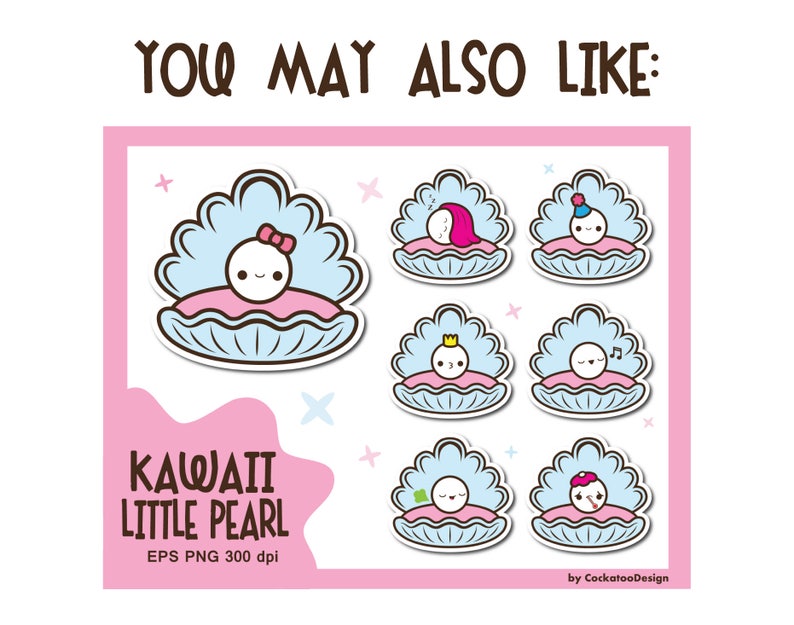 Puede incluir: Conjunto de nueve ilustraciones kawaii de perlas en varias poses, incluyendo dormir, cantar y llevar una corona. Cada perla est&aacute; dentro de una concha de mar azul y rosa. El texto "KAWAII LITTLE PEARL" est&aacute; en la parte inferior de la imagen.