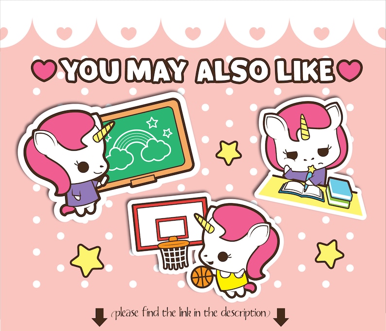 May include: Three colorful stickers featuring a unicorn with pink hair and a white body. The unicorn is shown in three different activities: writing on a chalkboard, studying at a desk, and playing basketball. The text "YOU MAY ALSO LIKE" is at the top of the image.
