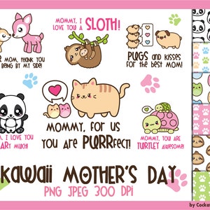 Mother's Day clipart, kawaii clipart, digital paper, kawaii clip art, kawaii animals clipart, sloth clipart, Commercial use