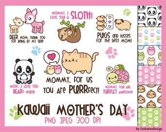 Mother's Day clipart, kawaii clipart, digital paper, kawaii clip art, kawaii animals clipart, sloth clipart, Commercial use