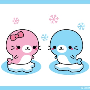 May include: Two cartoon seals on ice floes. The female seal is pink with a bow and the male seal is blue. Both seals have white bellies and black eyes. There are snowflakes in the background.
