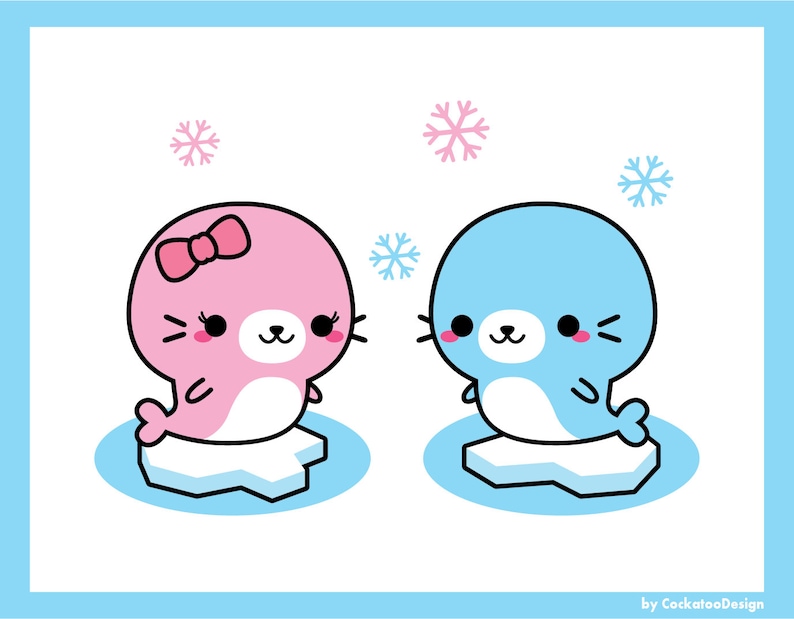 May include: Two cartoon seals on ice floes. The female seal is pink with a bow and the male seal is blue. Both seals have white bellies and black eyes. There are snowflakes in the background.
