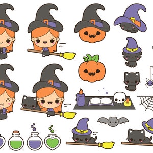 May include: A collection of Halloween-themed illustrations featuring witches, black cats, pumpkins, potion bottles, and a spider web. The witches wear black hats with purple bands and ride brooms. The color palette includes orange, purple, black, and green.