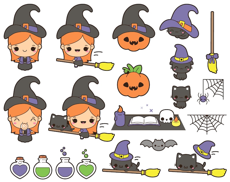 May include: A collection of Halloween-themed illustrations featuring witches, black cats, pumpkins, potion bottles, and a spider web. The witches wear black hats with purple bands and ride brooms. The color palette includes orange, purple, black, and green.