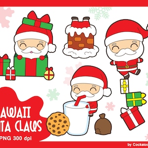 Santa Claus clipart, Christmas clipart, kawaii Christmas clipart, Santa chimney clipart, Santa milk and cookies clipart, Santa gift clipart