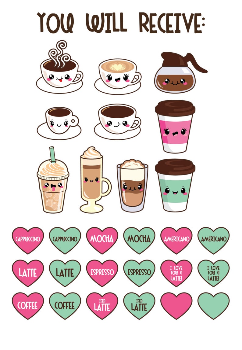 May include: A digital illustration of various coffee drinks with cute faces. The drinks include cappuccino, latte, mocha, espresso, iced latte, and americano. The image also includes hearts with different coffee drink names.