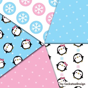 May include: Four different digital paper patterns featuring penguins, snowflakes, and polka dots in pink, blue, and white.