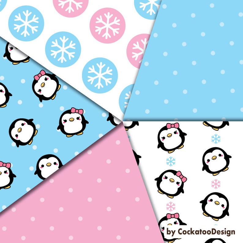 May include: Four different digital paper patterns featuring penguins, snowflakes, and polka dots in pink, blue, and white.