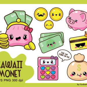 Clipart kawaii, clipart de dinheiro, clipart de orçamento, clipart de moeda kawaii, clipart de cartão de banco, clipart de cofrinho, uso comercial