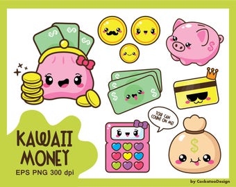 Kawaii clipart, money clipart, budget clipart, kawaii coin clipart, bank card clipart, piggy bank clipart, Commercial use