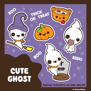 May include: Set of five cute ghost illustrations in a cartoon style. The ghosts are white with black eyes and mouths. They are wearing different accessories, such as a witch's hat, a scarf, a lollipop, and a tombstone. The illustrations are on a purple background with white plus signs.