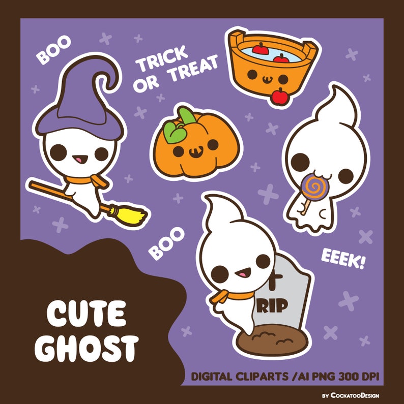 May include: Set of five cute ghost illustrations in a cartoon style. The ghosts are white with black eyes and mouths. They are wearing different accessories, such as a witch's hat, a scarf, a lollipop, and a tombstone. The illustrations are on a purple background with white plus signs.