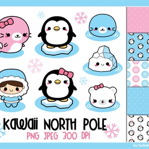Kawaii Pinguin Cliparts, niedliche Pinguin Clip Art, Kawaii Nordpol Cliparts, Eisbären Cliparts, niedliche Robben Cliparts, arktische Tiere Kunst