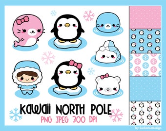 Kawaii penguin clipart, cute penguin clip art, kawaii north pole clipart, polar bear clipart, cute seal clipart, arctic animals art