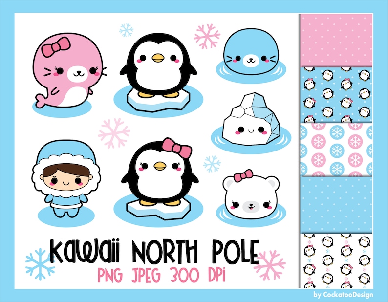 May include: A set of 10 kawaii North Pole themed digital clipart images. The set includes a penguin, a seal, a polar bear, a girl in a snowsuit, and a snowflake pattern. The images are in PNG and JPEG format and are 300 DPI.