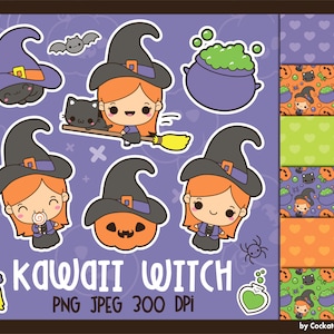 May include: Kawaii Witch digital art featuring a witch with orange hair, a black hat, and a black cat. The image includes a pumpkin, a cauldron, a bat, and patterned backgrounds. The text "KAWAII WITCH" is displayed.