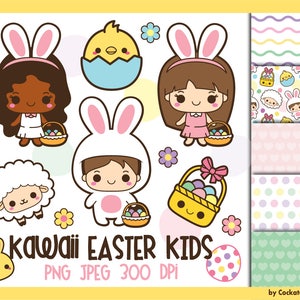 Kawaii Easter clipart, Easter kids clip art, Easter clipart, Easter bunny clipart, cute sheep clipart, Easter digital papers