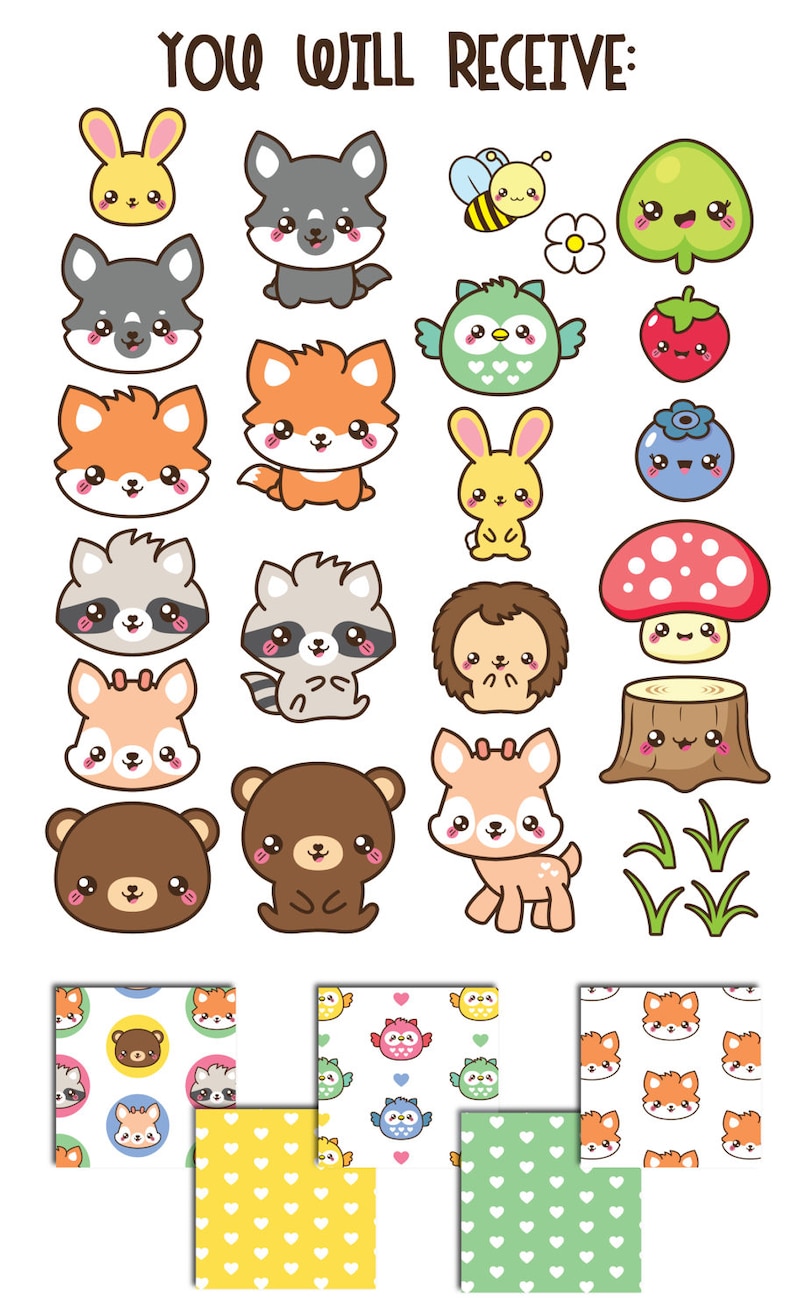 May include: A set of 20 cute cartoon animal and nature illustrations, including a fox, wolf, owl, bear, deer, raccoon, bunny, bee, mushroom, and tree. The illustrations are in a variety of colors and are perfect for adding a touch of whimsy to any project. You will receive: 20 individual illustrations and 5 seamless patterns.