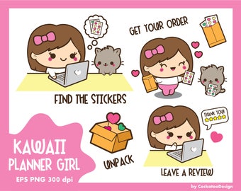 Kawaii girl clipart, happy mail clipart, cute girl clip art, planner girl clipart, delivery clipart, cat clipart, Commercial Use