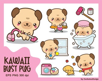 Kawaii pug clipart, cute pug clipart, cleaning clipart, household chores clipart, doing things clipart, busy day, Commercial Use