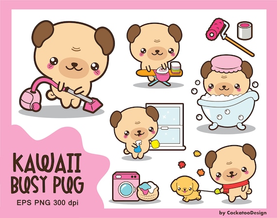 Kawaii pug clipart, cute pug clipart, cleaning clipart, household chores clipart, doing things clipart, busy day, Commercial Use Il_570xn