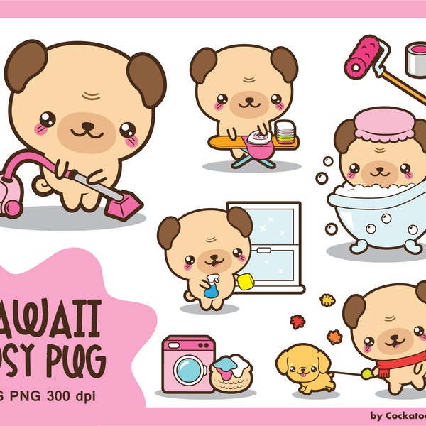 Kawaii pug clipart, cute pug clipart, cleaning clipart, household chores clipart, doing things clipart, busy day, Commercial Use