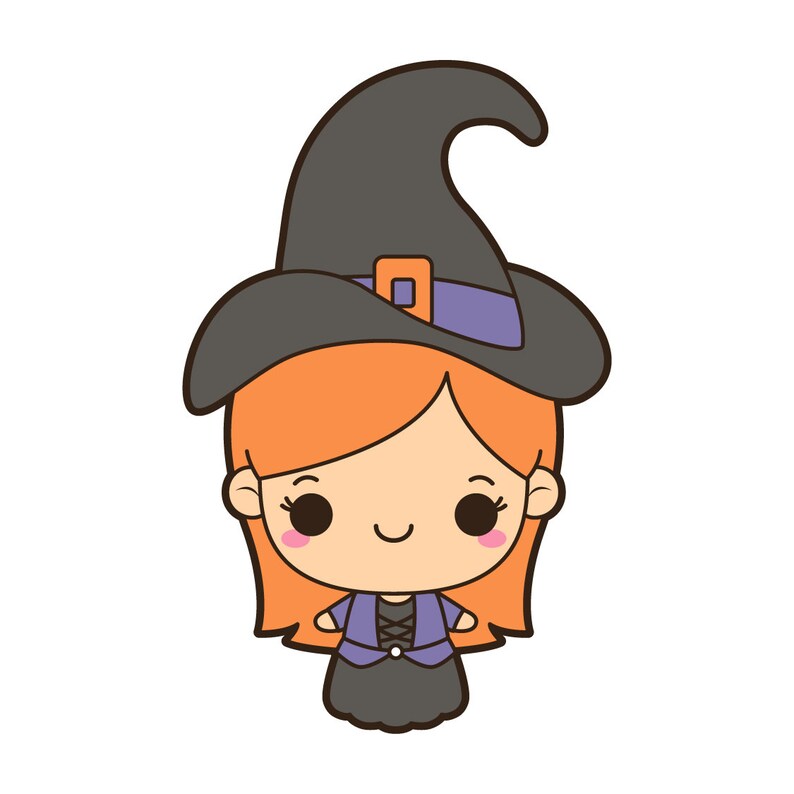 May include: A cartoon illustration of a witch with orange hair, wearing a black witch hat with a purple band and buckle, a purple jacket, and a black dress. The witch has a smiling face and is set against a white background.