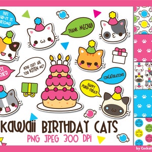 Cat clipart, birthday cat clipart, kawaii cat clip art, birthday clipart, cute cat clipart, kawaii cat clipart, Commercial Use