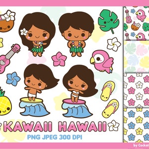 Kawaii Hawaii clipart, Hawaiian party clipart, hula dancer clip art, kawaii surfing clipart, vacation clip art, kawaii clip art
