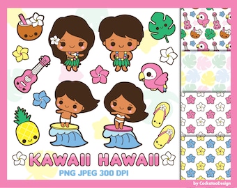 Kawaii Hawaii clipart, Hawaiian party clipart, hula dancer clip art, kawaii surfing clipart, vacation clip art, kawaii clip art
