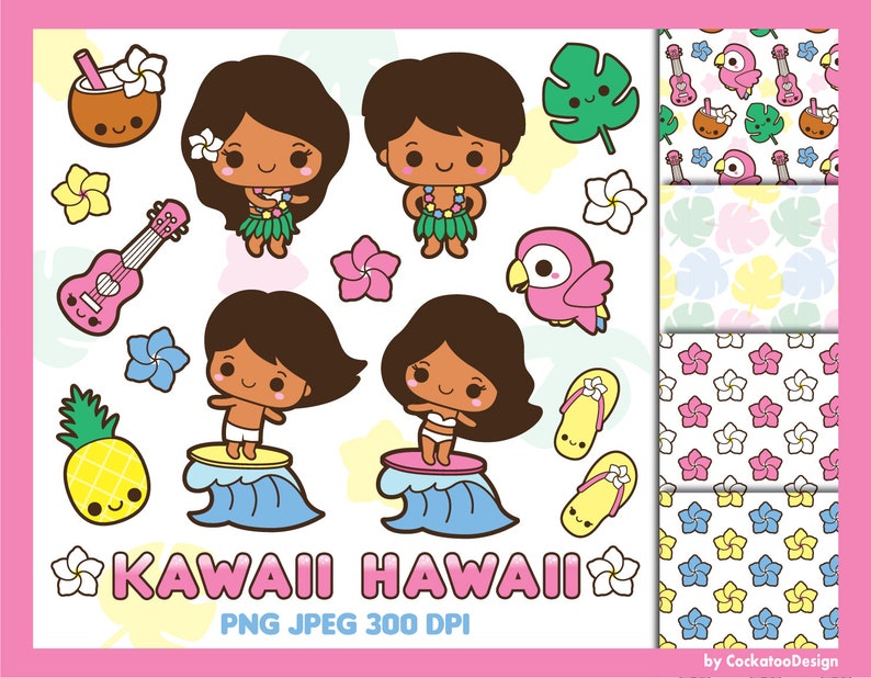 Kawaii Hawaii clipart, Hawaiian party clipart, hula dancer clip art, kawaii surfing clipart, vacation clip art, kawaii clip art image 1