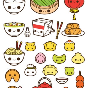 May include: A collection of cute cartoon Chinese food illustrations, including a steaming bowl of noodles, a plate of dumplings, a fortune cookie, a teapot, a bowl of soup, a plate of spring rolls, a takeout box, a bowl of rice, a bamboo steamer, a lantern, and a skewer of meat balls.