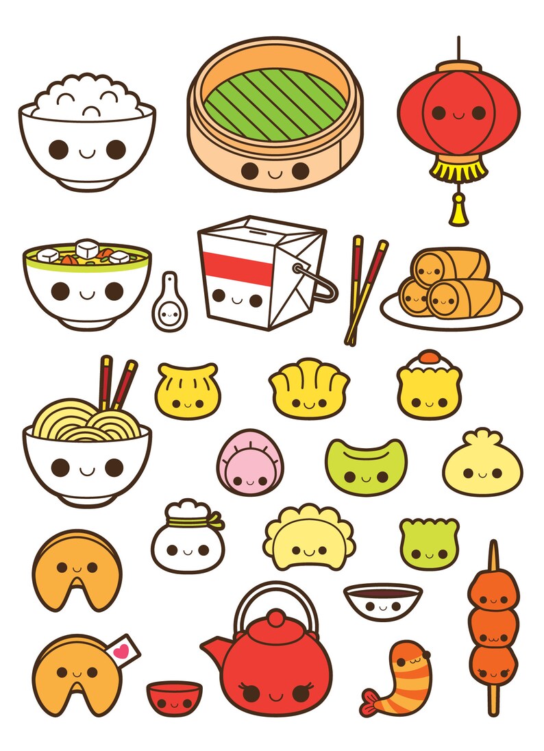 May include: A collection of cute cartoon Chinese food illustrations, including a steaming bowl of noodles, a plate of dumplings, a fortune cookie, a teapot, a bowl of soup, a plate of spring rolls, a takeout box, a bowl of rice, a bamboo steamer, a lantern, and a skewer of meat balls.