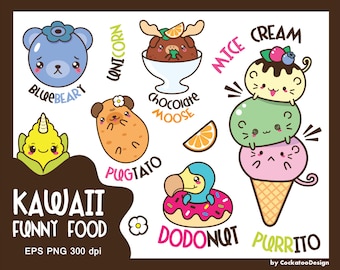 Kawaii clip art, animals clipart, kawaii food clipart, funny clipart, cute animals clipart, ice cream clipart, Commercial use