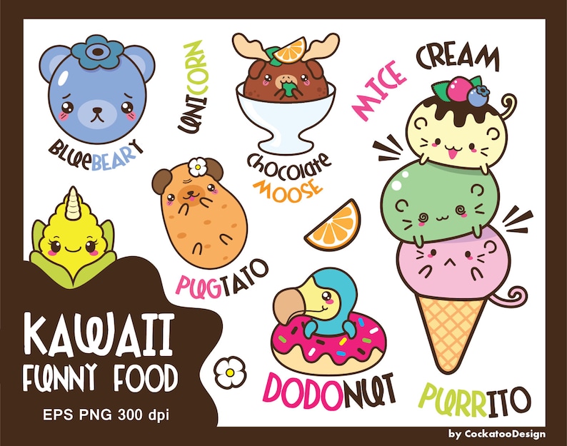 Kawaii clip art animals clipart kawaii food clipart funny | Etsy