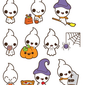 May include: Nine illustrations of cute ghosts in various Halloween activities.  The ghosts are white with black eyes and mouths.  They are wearing orange scarves and some are wearing witch hats.  The ghosts are holding candy, pumpkins, brooms, and other Halloween items.