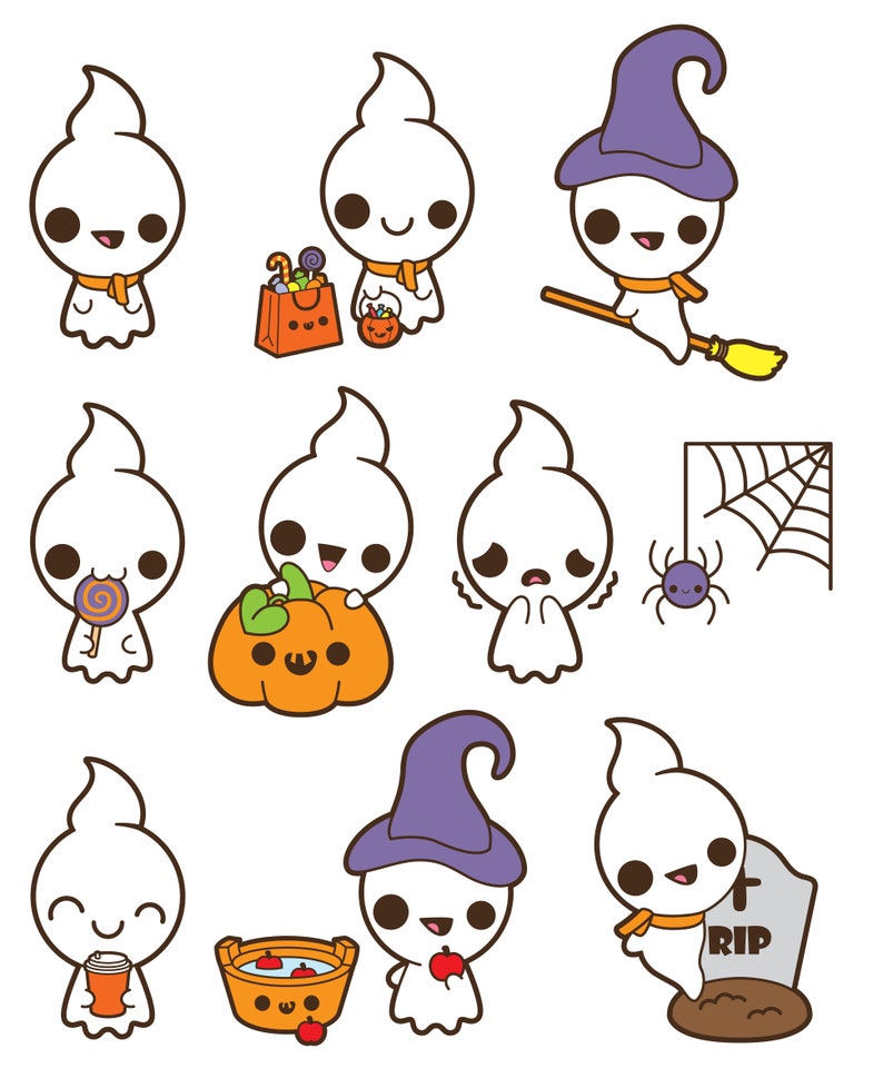 May include: Nine illustrations of cute ghosts in various Halloween activities.  The ghosts are white with black eyes and mouths.  They are wearing orange scarves and some are wearing witch hats.  The ghosts are holding candy, pumpkins, brooms, and other Halloween items.
