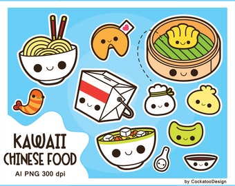 Kawaii chinese food clipart, kawaii food clipart, fortune cookie clipart, soup clipart, dim sum clipart, noodles clip art, ramen  clipart,