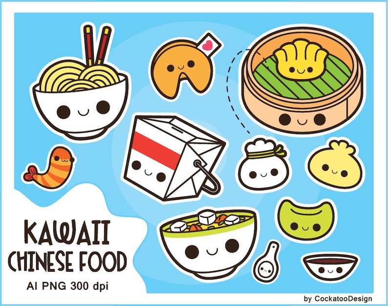 May include: A set of kawaii cartoon illustrations of Chinese food, including noodles, dumplings, fortune cookies, soup, and a takeout box. The illustrations are in bright colors and have cute faces.
