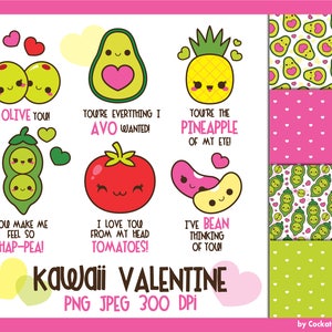 Valentine clipart, kawaii Valentine clipart, Valentine digital papers, vegetarian clip art, kawaii avocado clipart, beans, love clipart, image 1