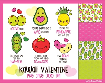 Valentine clipart, kawaii Valentine clipart, Valentine digital papers, vegetarian clip art, kawaii avocado clipart, beans, love clipart,