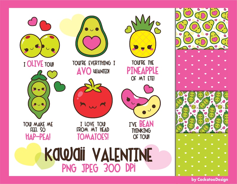 Valentine clipart, kawaii Valentine clipart, Valentine digital papers, vegetarian clip art, kawaii avocado clipart, beans, love clipart, image 1